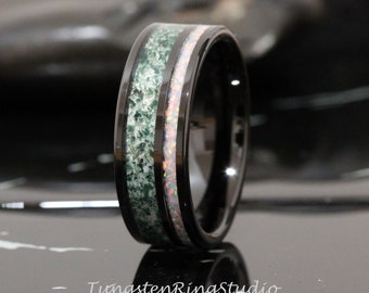 Green Moss Agate Fire White Opal Wedding Ring 8mm 6mm Black Tungsten Wedding Ring  Men Band Mens Ring Men & Women Ring