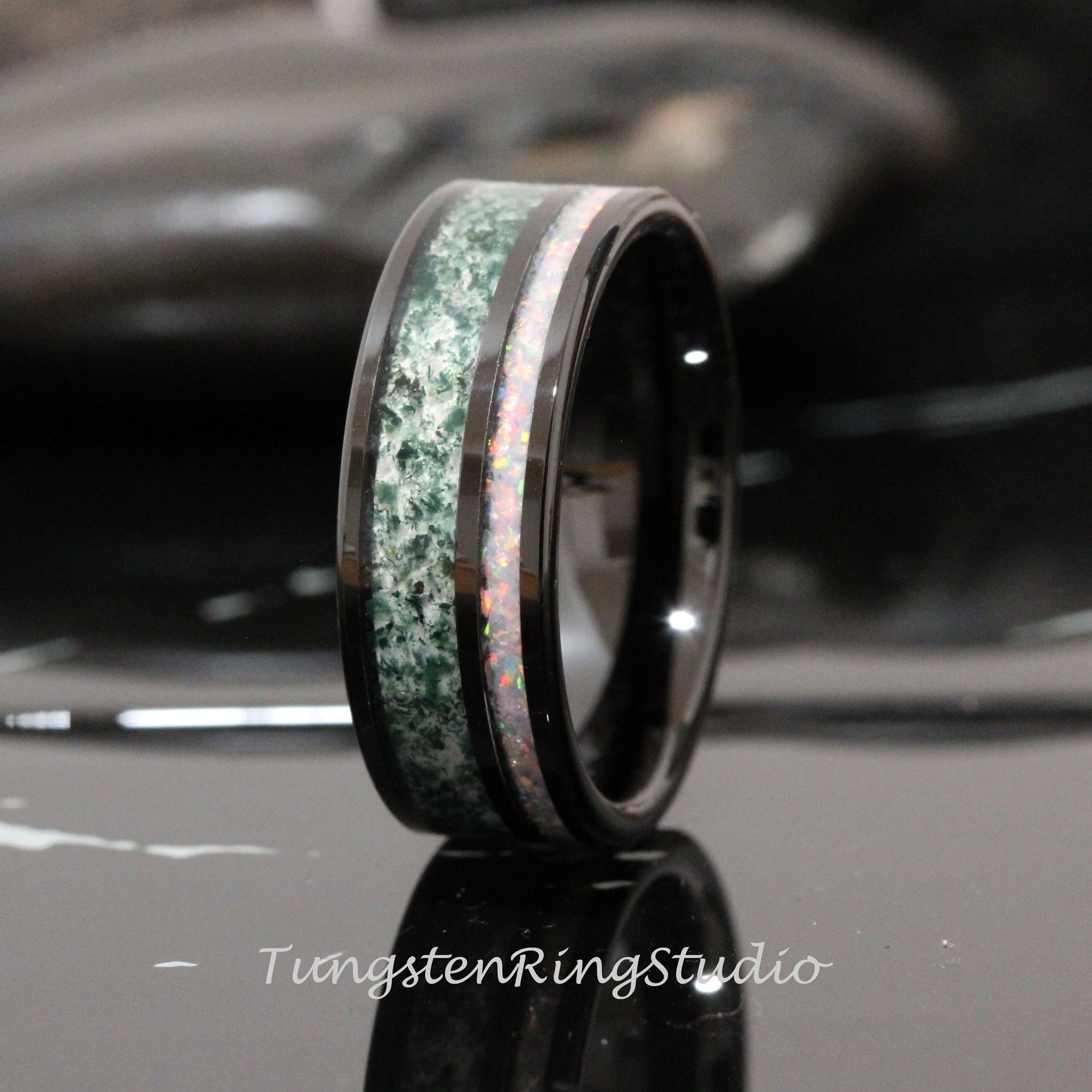 Green Moss Agate Fire White Opal Wedding Ring 8mm 6mm Black Tungsten Wedding Ring Men Band Mens Ring Men & Women Ring