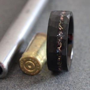Reclaimed Bullet Shell Black Hammered Tungsten Ring, Copper, Steel Gun Barrel, Wedding Anniversary Band
