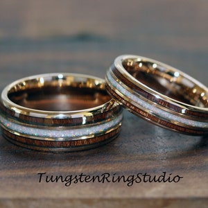 Match His and Hers Fire White Opal Koa Wood Rose Gold Tungsten Wedding Ring Wedding Set Hawaii Rose Gold Wedding Ring Set Anniversary Ring