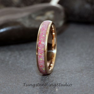 Pink Opal Rose Gold Crushed Opal Tungsten Wedding Ring Band 4mm Rose Gold Minimalist Women Wedding Ring Anniversary Ring Gift For Her