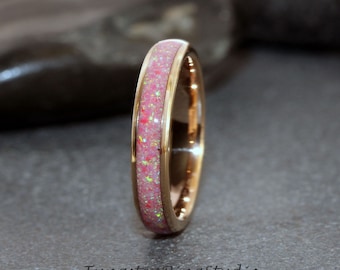 Pink Opal Rose Gold Crushed Opal Tungsten Wedding Ring Band 4mm Rose Gold Minimalist Women Wedding Ring Anniversary Ring Gift For Her