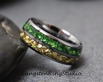 Birthstone wedding Ring - Emerald and Citrine Double Inlay - May and November - Tungsten Carbide Band