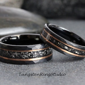 Meteorite Hammer Ring Set, His and Hers Ring Rose Gold Strips Black Tungsten Wedding Ring Carbide Matching Anniversary Ring Mens Men & Women