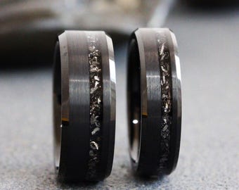 Black Meteorite Ring Bevel Tungsten Carbide Wedding Band, Gibeon Meteorite, Anniversary men women rings