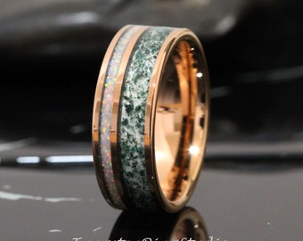 Moss Agate Fire White Opal Wedding Ring 8mm 6mm Rose Gold Tungsten Wedding Ring  Men Band Mens Ring Men & Women Ring