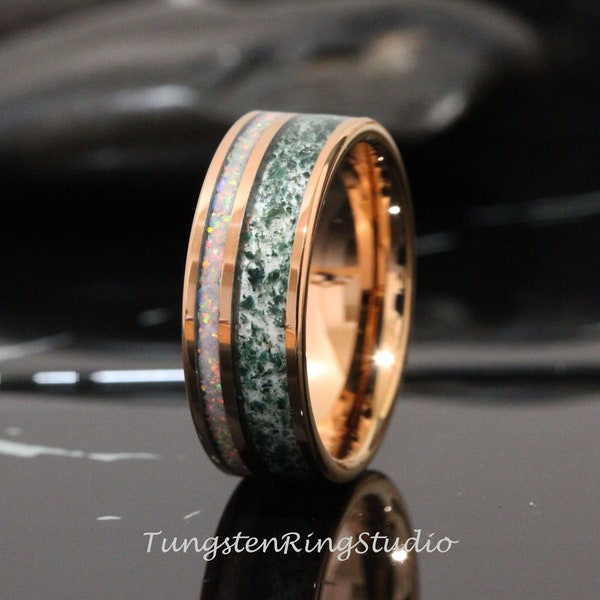 Moss Agate Fire White Opal Wedding Ring 8mm 6mm Rose Gold Tungsten Wedding Ring  Men Band Mens Ring Men & Women Ring