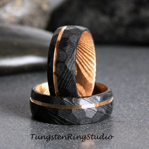 Black Damascus Ring Hammer Rose Gold Wedding Ring Anniversary Band Rose Gold Strip Mens Ring 8mm Ring Black Ring Dome Steel Ring