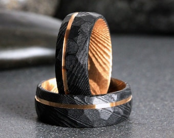 Black Damascus Ring Hammer Rose Gold Wedding Ring Anniversary Band Rose Gold Strip Mens Ring 8mm Ring Black Ring Dome Steel Ring