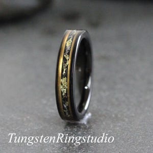 Gold Leaf Meteorite Ring, Black Meteorite tungsten Ring, 4mm 6mm 8mm Ring Rose Foil Leaf Ring, Wedding Rings, Gold Accent