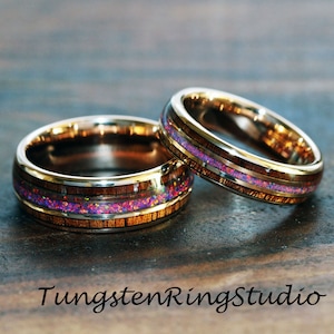 Match His and Hers Purple Galactic Opal Koa Wood Rose Gold Tungsten Wedding Ring Wedding Set Rose Gold Wedding Ring Set Anniversary Ring
