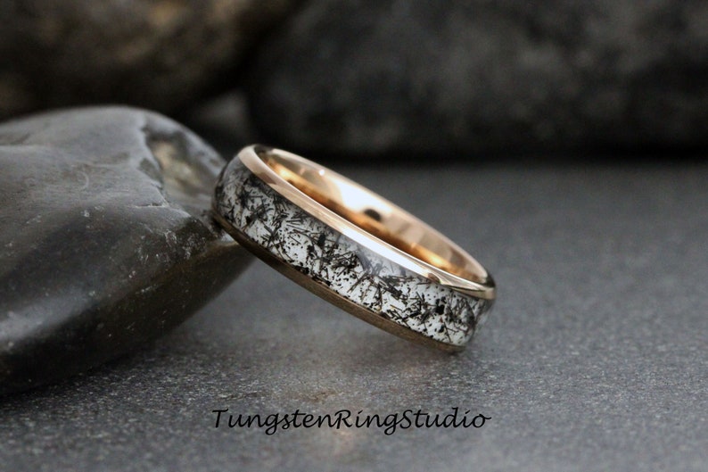 4mm Black Rutilated Quartz Ring Rose Gold Polish Tungsten Wedding Ring 8mm 6mm 4mm Rutilated Wedding Mens Ring Men & Women Polished Dome image 2