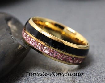 Black Diamond Wedding Ring - Morganite and Black Diamond Double Inlay - Tungsten Carbide Glass Band