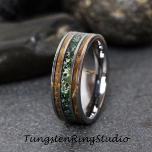 Green Moss Agate Whiskey Barrel Wood Wedding Ring 8mm Silver Gray Moss Wood Tungsten Carbide  Men Band Mens Men & Women Ring