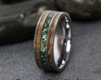 Green Moss Agate Whiskey Barrel Wood Wedding Ring 8mm Silver Gray Moss Wood Tungsten Carbide  Men Band Mens Men & Women Ring