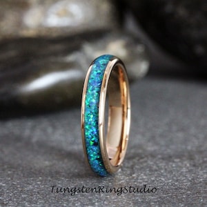 Peacock Blue Opal Rose Gold Tungsten Wedding Ring Band 4 mm Gold Silver Black Ring Ring Gift For Her Thin Band Dainty Her Opal Blue Peacock