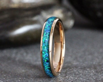 Peacock Blue Opal Rose Gold Tungsten Wedding Ring Band 4 mm Gold Silver Black Ring Ring Gift For Her Thin Band Dainty Her Opal Blue Peacock