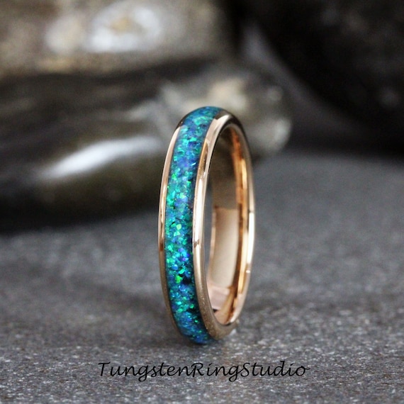 Lyrisch Vleugels Suri Peacock Blue Opal Rose Gold Tungsten Wedding Ring Band 4 Mm - Etsy