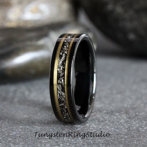 6mm Meteorite Ring Mens Yellow Gold Strip Black Tungsten Wedding Rings Gibeon Meteorite Bands Anniversary Mans Mens Ring Ring Black Ring