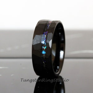 Hammer Meteorite Nebula Ring 8mm Black Offset Band Mens Mans Ring Outer Space Ring Wedding Anniversary Ring Flat Comfort Fit Tungsten Ring