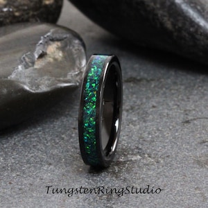 Black Blue Green Opal Tungsten Carbide Wedding Ring Black Band Women Opal Ring Dainty Stackable Anniversary Opal Ring