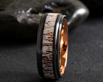 Anillo de tungsteno negro con forma de asta de ciervo, biselado escalonado, para bodas, unisex, de 6 mm u 8 mm