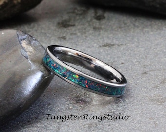 Space Blue Opal Tungsten Carbide Wedding Ring Silver-Gray Band Women Men Opal Ring Dainty Stackable Anniversary Ring Blue Band