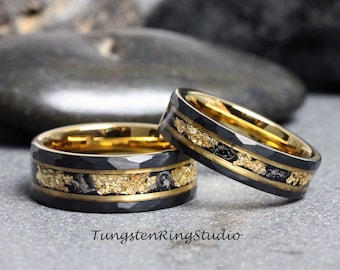 Matching Hammer Gold Leaf Ring Set Meteorite Ring His and Her Black Meteorite 6mm 8mm Ring Foil Leaf Ring Mens Wedding Rings, Gold Accent