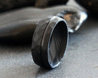 Black Damascus Ring Hammer Black Wedding Ring Anniversary Band Rose Gold Strip Mens Ring 8mm Ring Black Ring Dome Steel Ring