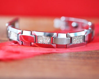 Mens Bracelet Tungsten Carbide German Glass Bracelet Gift for him, Tungsten Link Bracelet Man Accessory Square Rectangle Silver Gray