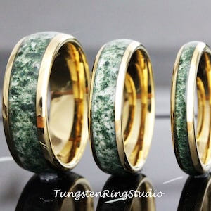 Yellow Gold Moss Agate Ring 8mm 6mm 4mm Polish Tungsten Wedding Ring  Moss Agate Silver Rose Gold Ring Mens Ring Men & Women