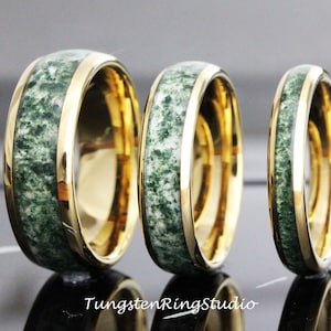 Yellow Gold Moss Agate Ring 8mm 6mm 4mm Polish Tungsten Wedding Ring Moss Agate Ring Mens Ring Men & Women