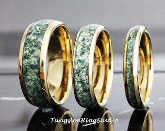 Yellow Gold Moss Agate Ring 8mm 6mm 4mm Polish Tungsten Wedding Ring Moss Agate Ring Mens Ring Men & Women