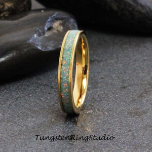Moon Yellow Opal Tungsten Carbide Wedding Ring Blue Warm Opal Yellow Gold Band Women Opal Ring Dainty Stackable Anniversary Opal Ring