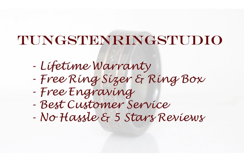 May include: A tungsten ring with a copper inlay. The ring is displayed on a white background with the text "TUNGSTENRINGSTUDIO" and a list of benefits: Lifetime Warranty, Free Ring Sizer & Ring Box, Free Engraving, Best Customer Service, No Hassle & 5 Stars Reviews.
