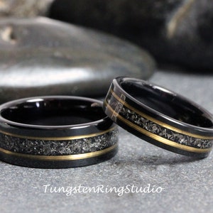 Meteorite Ring Set, His and Hers Ring Yellow Gold Strips Black Tungsten Wedding Ring Carbide Matching Set Anniversary Ring Mens Men & Women