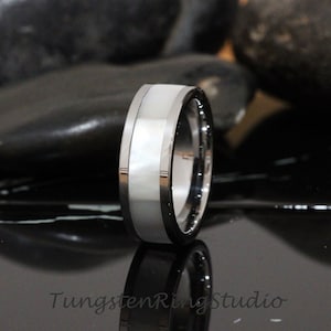 Mens Mother of Pearl Silver Gray Tungsten Wedding Ring Band 4mm 6mm 8mm Silver Minimalist Flat  Wedding Ring Anniversary Ring Polish Ring