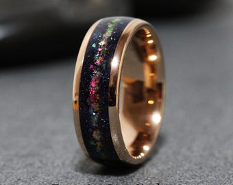 Unique Galaxy Nebula Wedding Ring, Blue Sandstone Nebula Inlay, Rose Gold Tungsten Band