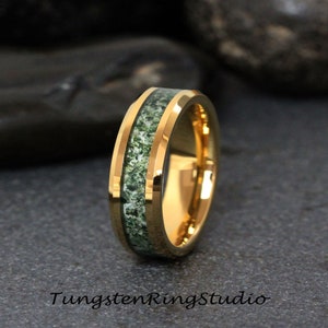 Mens Green Moss Agate Ring Yellow Gold Beveled Tungsten Ring Polish Ring Womens Wedding Ring Band Anniversary Engagement Promise 4mm 6mm 8mm