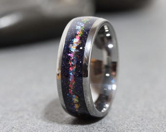 Mens Wedding Ring, Unique Galaxy Nebula Blue Sandstone Nebula Inlay, Alternative Band