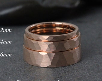 Anillo de boda de oro rosa de tungsteno con martillo de 2 mm, 4 mm y 6 mm, anillo de oro con martillo, anillo de aniversario, anillo para hombre y mujer.