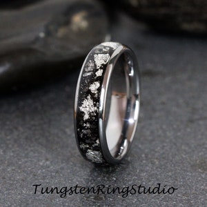 Polished Silver Leaf Meteorite Ring, Wedding Silver Foil Meteorite Ring 4mm 6mm 8mm Ring Meteorite Foil Leaf Ring Mens Wedding Rings Accent