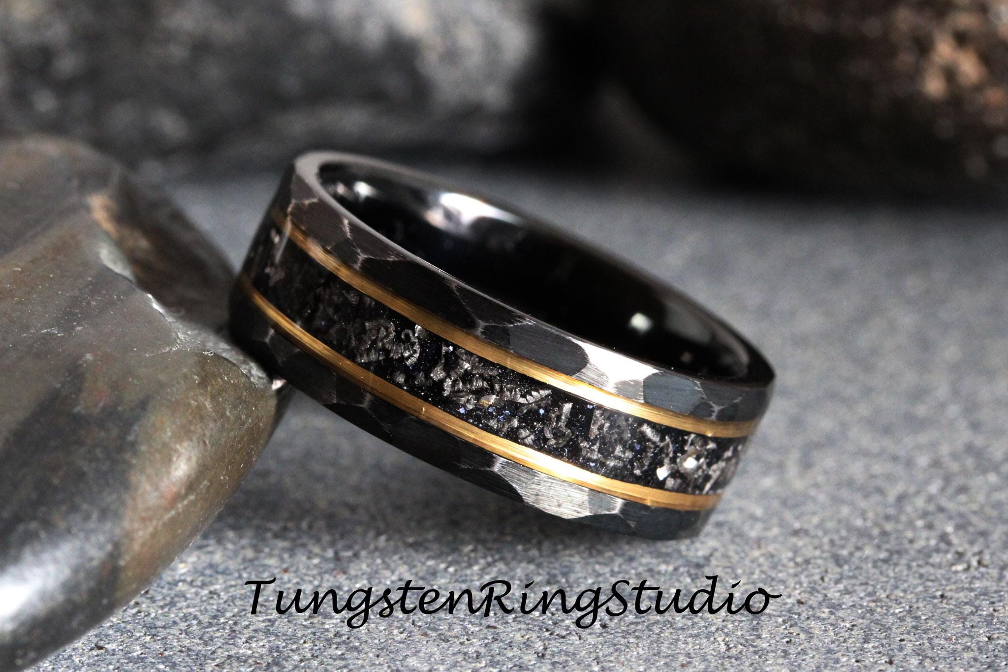 USUASI Men's Tungsten Steel Ring – Black Gold Custom Drawing, 5MM Wide Band – Wedding, Engagement, Fashion Jewelry