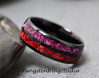 Alexandrite & Red Garnet Ring - Tungsten Carbide Glass Band