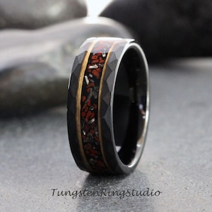 Hammer Meteorite Red Dinosaur Bone Yellow Gold Strip Black Tungsten Wedding Rings Tyrannosaurus Rex T-Rex Bone Fossil Bands Anniversary Men