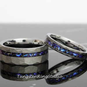 Hammer Meteorite Nebula Matching Ring Set His and Hers Ring Set Silver Gray 4mm 8mm Men Women Ring Outer Space Wedding Anniversary Tungsten