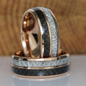 Anéis de tungstênio de ouro rosa de fibra de carbono preto meteorito, anéis combinando, conjunto de anéis, possível anel de aniversário, anéis masculinos, havaianos