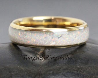 6 mm white opal gold tungsten ring, yellow gold wedding band