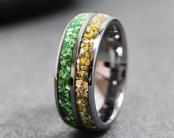 Citrine Birthstone wedding Ring - Citrine and Emerald Double Inlay - May and November - Tungsten Carbide Band