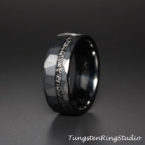 Black Meteorite Hammer Black Tungsten Wedding Ring Meteorite Interstellar Ring Tungsten Carbide Anniversary Ring Mans Mens Ring Men & Women